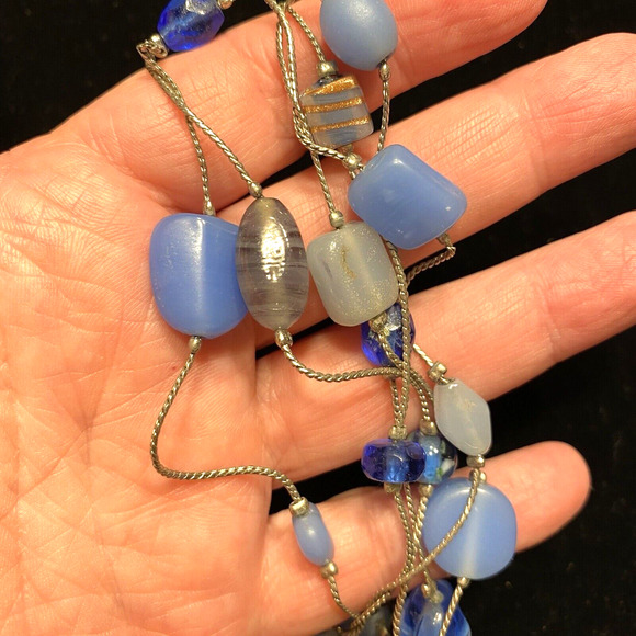 VJ Victoria Jousan Blue Beaded Necklace Long Silvertone Multistrand Glass Beads - Picture 3 of 9